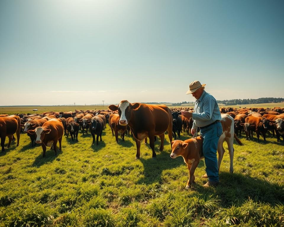 A vast, sun-drenched field of lush, verdant pastures. In the foreground, a herd of majestic livestock graze contentedly, their robust frames and healthy coats a testament to the power of sound genetic lineages. In the middle ground, a farmer carefully inspects a newborn calf, assessing its potential for superior meat quality and yield. Overhead, a cloudless sky bathes the scene in a warm, golden glow, captured through the lens of a wide-angle camera. The atmosphere conveys a sense of harmony, where nature's cycles and human stewardship converge to unlock the genetic potential of these animals, ready to nourish and delight.