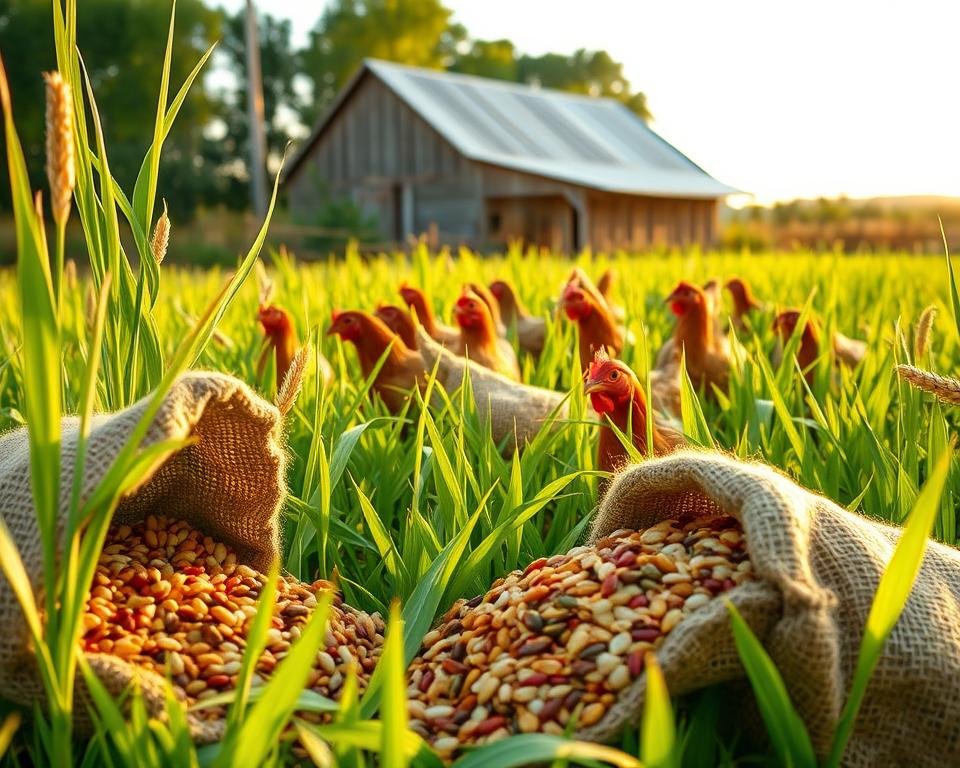 A verdant field of lush, organically grown grains and legumes, their stalks swaying gently in the warm breeze. In the foreground, a handful of vibrant, nutrient-dense seeds and grains spill from a weathered burlap sack, hinting at the sustainable bounty within. The mid-ground features a flock of contented chickens pecking and foraging amid the natural vegetation, their feathers gleaming in the soft, golden light of the setting sun. In the background, a rustic barn with a tin roof and weathered wooden siding stands as a testament to the farm's commitment to ethical, environmentally-friendly practices. The overall scene evokes a sense of harmony, sustainability, and the natural cycle of life that sustains both poultry and the land.