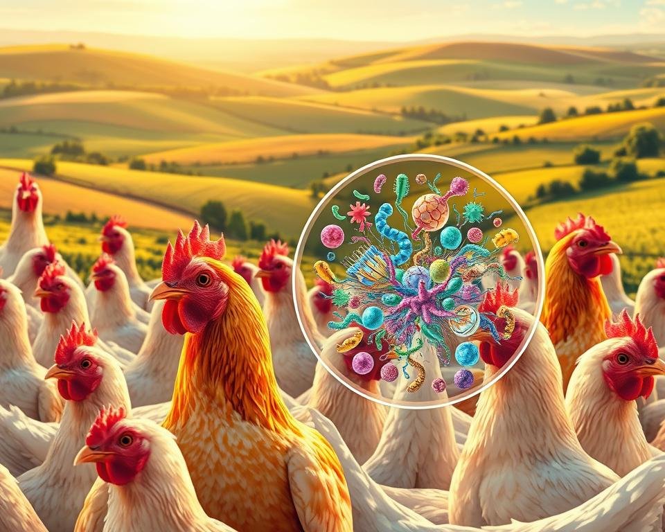 A vibrant and detailed illustration showcasing the benefits of a healthy gut microbiome in poultry production. The foreground depicts a flock of healthy, thriving chickens, their feathers gleaming with a robust sheen. In the middle ground, a magnified view of the gut microbiome reveals a diverse ecosystem of beneficial bacteria, enzymes, and nutrients, represented by colorful, intricate patterns. The background features a pastoral countryside setting, with rolling hills, lush vegetation, and a clear, open sky, symbolizing the harmony between the chickens, their gut, and the natural environment. The scene is illuminated by warm, golden lighting, creating a sense of vitality and well-being. The overall composition conveys the improvements in feed efficiency, growth, and overall poultry health facilitated by a thriving gut microbiome.