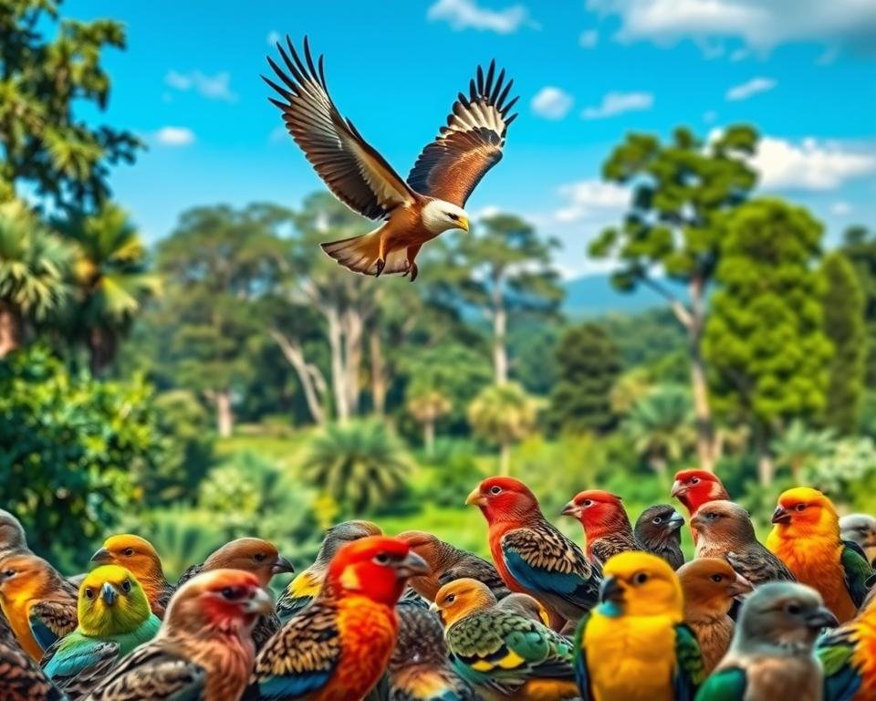 A vibrant aviary showcasing the remarkable genetic diversity of birds. In the foreground, a cluster of finches in a symphony of colors - bright reds, striking yellows, and soft blues - their plumage a testament to the power of natural selection. In the middle ground, a majestic eagle soars, its keen eyes scanning the horizon, a living embodiment of the adaptability that has allowed avian species to thrive across myriad environments. The background is a lush, verdant landscape, with towering trees and a azure sky, suggesting the pivotal role of environmental factors in shaping the evolutionary paths of these winged wonders. Captured with a wide-angle lens, the scene conveys a sense of grandeur and the intricate interplay between an organism and its habitat.