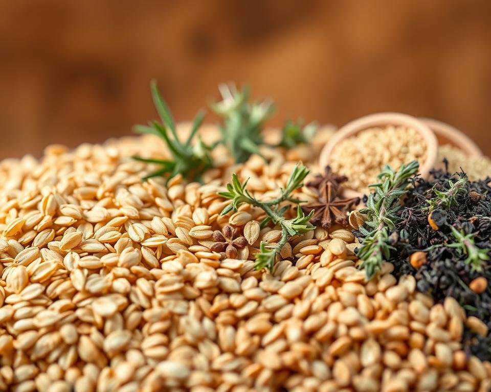 A vibrant macro photograph showcasing various fiber sources for poultry nutrition. In the foreground, a diverse array of whole grains, including wheat, oats, and barley, are neatly arranged. In the middle ground, clusters of dried herbs and spices, such as rosemary, thyme, and fennel, add pops of color and texture. The background features a blurred, yet warm and earthy, backdrop, suggesting a natural, organic setting. The lighting is soft and diffused, creating a sense of depth and highlighting the intricate details of the fibers. The composition is balanced and visually appealing, inviting the viewer to explore the versatility and richness of these vital poultry feed ingredients.