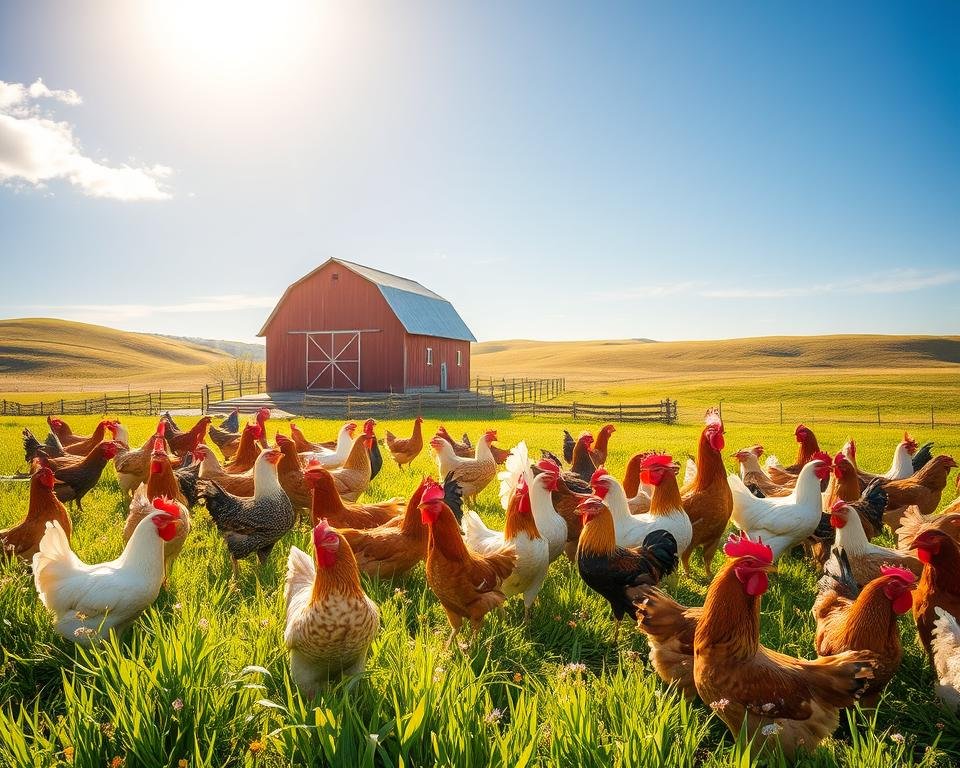 A vibrant scene of a poultry conservation farm, bathed in warm, golden light. In the foreground, a diverse flock of heritage breed chickens, roosters, and hens, each with unique plumage and markings, foraging peacefully among lush, verdant grass and wildflowers. In the middle ground, a traditional red barn with weathered wood and a gently sloping roof, surrounded by rolling hills and a picturesque pastoral landscape. In the background, a cloudless blue sky, with the sun's rays filtering through, casting a soft, ethereal glow over the entire scene. The composition evokes a sense of harmony, preservation, and the timeless beauty of our poultry genetic heritage.