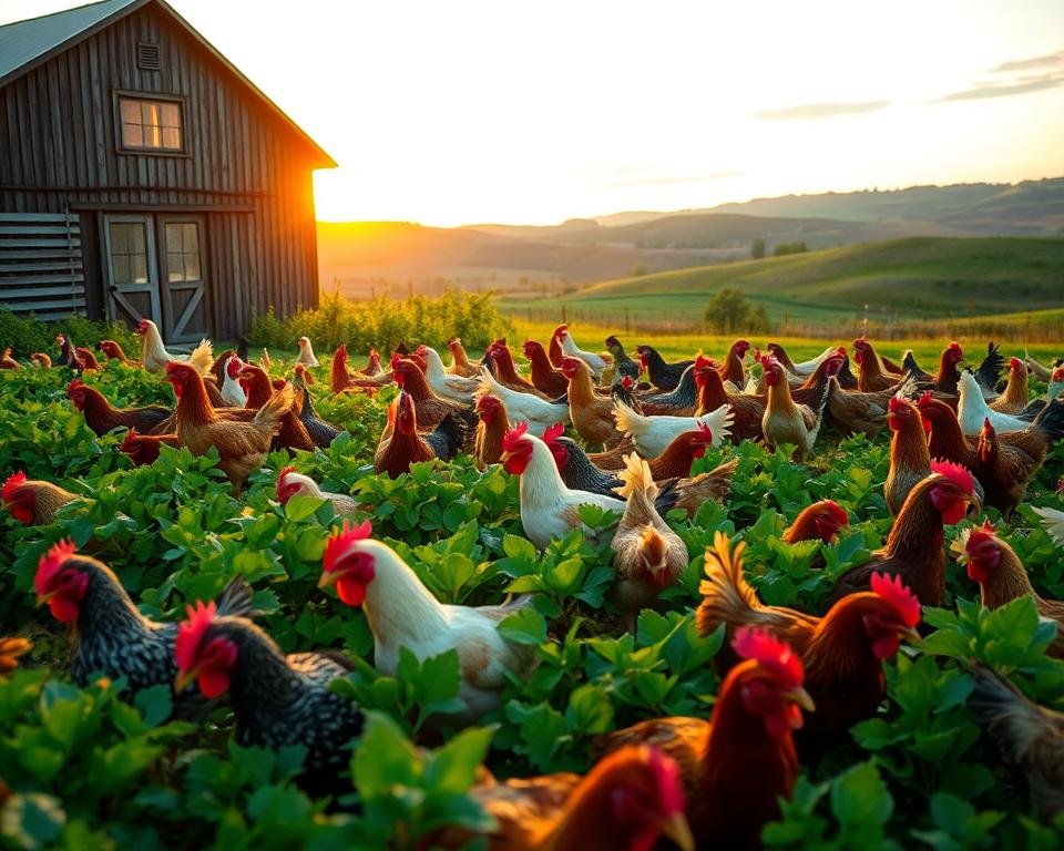 A vibrant, seasonal poultry farm scene. In the foreground, a diverse flock of hens and roosters foraging amidst lush, verdant vegetation. Mid-ground, a rustic barn with weathered wood siding, its windows glowing warmly. In the background, rolling hills and a sky awash in golden-hour light, casting a soft, ambient glow. The birds' feathers shimmer with healthy luster, reflecting the nourishing, high-quality feed they consume year-round. Subtle differences in their appearance and behavior hint at the distinct nutritional needs across seasons. An atmospheric, picturesque depiction of the cyclical nature of poultry nutrition.
