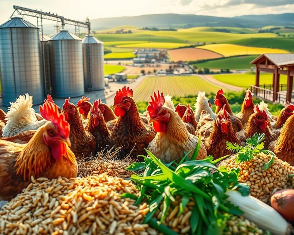 A vibrant, visually striking image showcasing the importance of fibers in poultry nutrition. In the foreground, a group of healthy, well-fed chickens are seen pecking at a variety of fibrous grains and vegetables, their feathers gleaming in the warm, natural lighting. In the middle ground, a panoramic view of a modern, efficiently-designed poultry farm, with silos and storage facilities prominently displaying the diverse range of fiber-rich feed ingredients. In the background, lush, verdant fields and rolling hills create a serene, pastoral backdrop, emphasizing the connection between the poultry's diet and the natural environment. The overall composition conveys the vital role of fiber in supporting the overall health, growth, and productivity of the flock, aligning with the article's focus on "Implementing Fiber in Poultry Feeding Programs".