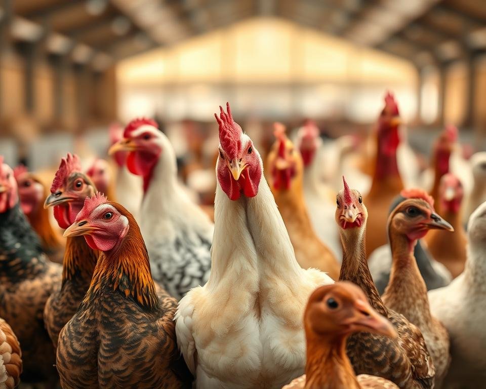 A well-lit, close-up photograph of a diverse flock of healthy poultry, including chickens, turkeys, and ducks, against a soft, blurred backdrop of a modern poultry farm. The birds are shown in various natural poses, with their vibrant feathers and alert expressions, conveying a sense of thriving vitality. The composition emphasizes the birds' overall condition, highlighting the importance of effective health management practices in poultry production. The lighting is warm and natural, creating a serene, documentary-style atmosphere that invites the viewer to appreciate the animals' wellbeing.