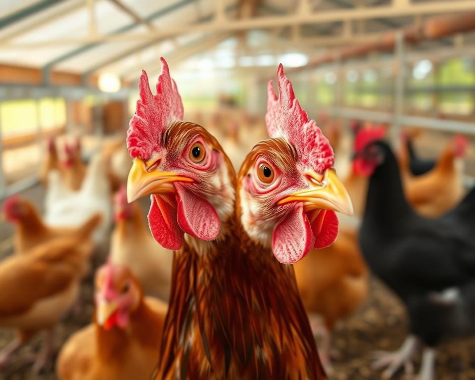 A well-lit close-up shot of a curious chicken, with its head tilted and eyes alert, against a backdrop of a neatly organized poultry farm. The bird's feathers are sleek and vibrant, its comb and wattle are healthy and prominent. In the middle ground, several other chickens roam freely, exhibiting signs of energy and vitality. The background features a clean, well-maintained coop with metal fencing, creating an impression of a meticulously cared-for environment. Soft, natural lighting illuminates the scene, conveying a sense of tranquility and attentiveness to poultry health.