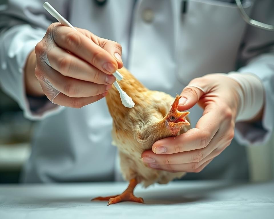 A well-lit, close-up view of a veterinarian's hands carefully treating a chicken's footpad lesion. The bird's foot is gently held, and the vet is applying a medicated ointment or powder to the affected area using a sterile cotton swab. The background is clean and clinical, suggesting a treatment setting like a poultry farm or veterinary clinic. The scene conveys a sense of focused attention and care, with the vet's expression displaying empathy and expertise as they work to alleviate the bird's discomfort.