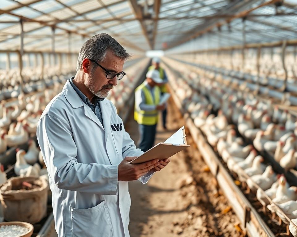 A well-lit, high-resolution image of a poultry farm with a focus on a detailed risk assessment process. In the foreground, an agricultural expert in a white lab coat examines a clipboard, surrounded by various farm equipment and tools. In the middle ground, workers in protective gear inspect the poultry houses, while in the background, a panoramic view of the entire farm showcases the scale of the operation. The lighting is natural, with soft shadows and highlights, creating a professional, analytical atmosphere. The image conveys the importance of thorough risk assessment to ensure the safety and well-being of both the workers and the livestock.