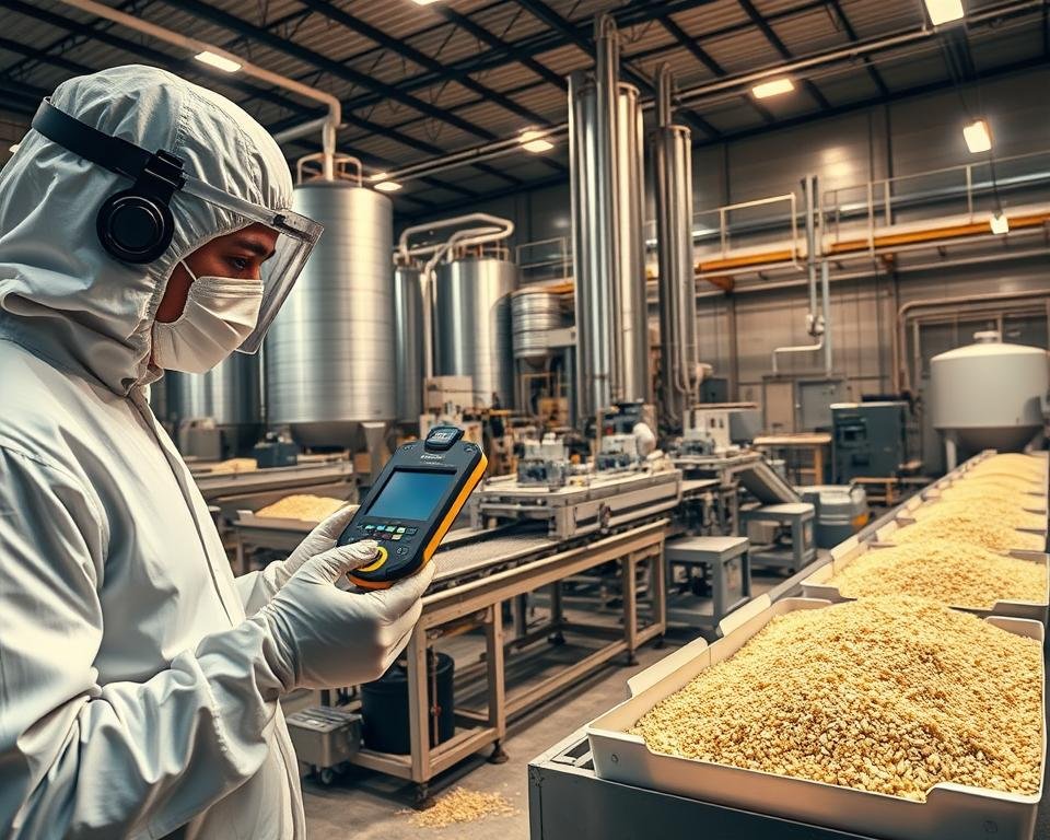 A well-lit, high-resolution photograph of a modern poultry feed processing facility. In the foreground, a worker in a protective suit carefully inspects a sample of feed using a digital analyzer, their face obscured by a mask. In the middle ground, various conveyor belts and machinery operate with precision, meticulously sorting and packaging the feed. The background features towering silos, storage tanks, and a clean, organized workspace, conveying a sense of strict quality control and attention to detail. The scene is bathed in a warm, clinical lighting that emphasizes the importance of this vital process, creating a sense of professionalism and efficiency.