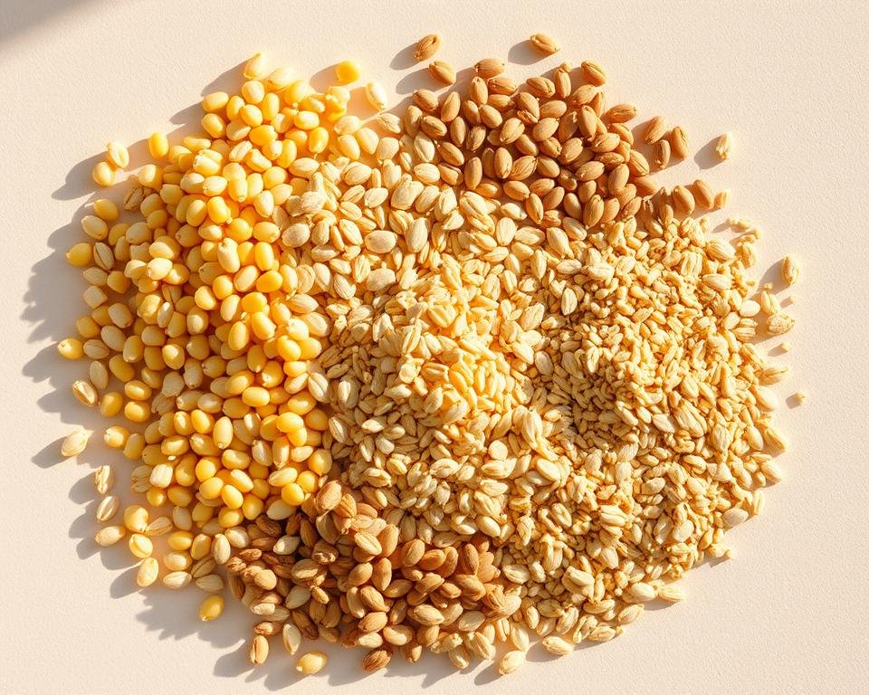 A well-lit, high-resolution photograph of an assortment of common poultry feed energy sources, including cracked corn, whole grains, and oilseeds. The feed ingredients are neatly arranged on a clean, neutral-colored background, with natural lighting casting soft shadows to highlight the textures and colors. The composition places the feed items in the center, with ample negative space around the edges to create a sense of focus and emphasis. The image has a calm, informative tone, conveying the essential nutritional components of a balanced broiler starter diet.
