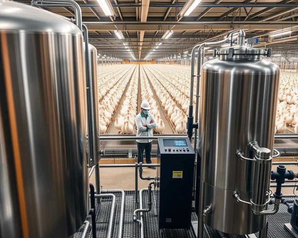 A well-lit industrial setting with a modern poultry farm's water treatment plant in the foreground. Sleek, stainless steel tanks, filters, and pipes dominate the scene, conveying efficiency and technological sophistication. In the middle ground, workers in protective gear monitor the water purification process, surrounded by digital displays and control panels. The background features the expansive poultry housing structures, suggesting the broader context of the farm's water management system. Warm, neutral tones and clean, geometric compositions create a professional, high-tech atmosphere, highlighting the importance of specialized equipment in ensuring water sanitation for healthy aviculture.