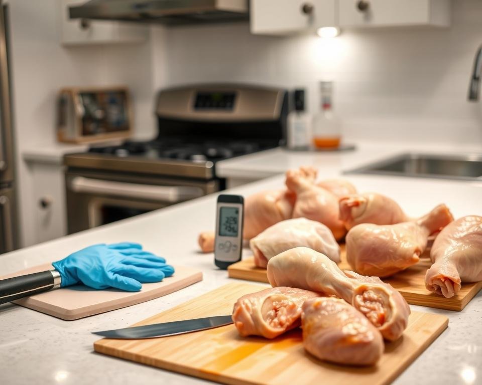 A well-lit kitchen counter, with a clean and organized workspace. In the foreground, a cutting board and a knife, alongside various poultry products - chicken breasts, thighs, and drumsticks. In the middle ground, a digital meat thermometer and a pair of food-safe gloves. The background features clean, stainless-steel appliances and a tidy, white backsplash. The overall scene conveys a sense of hygiene, safety, and attention to detail in the preparation of poultry products. Lighting is soft and diffused, creating a warm, inviting atmosphere.