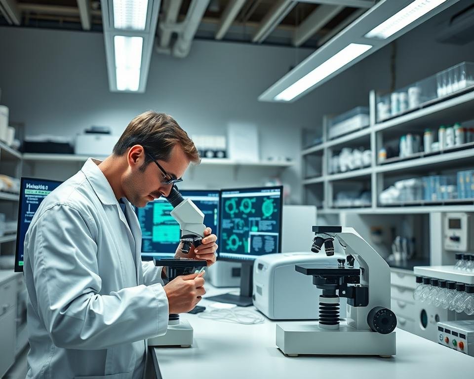 A well-lit laboratory setting, with a sleek and modern design. In the foreground, a scientist in a white lab coat is carefully examining a DNA sample under a high-powered microscope. Intricate genomic data and analysis software are displayed on a series of monitors in the middle ground. In the background, shelves of scientific equipment and instruments, including centrifuges, pipettes, and automated sequencing machines, suggest the cutting-edge technology at work. The overall mood is one of scientific inquiry, technological innovation, and the promise of advancements in poultry breeding through the application of genomic tools.