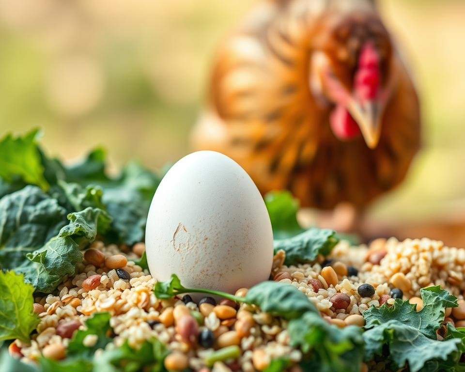 A well-lit, macro-level photograph showcasing a chicken egg nestled atop a variety of nutritious foods. In the foreground, the egg sits amidst a vibrant assortment of fresh vegetables, grains, and legumes, such as kale, quinoa, and lentils. The mid-ground features a chicken pecking at the food sources, highlighting the interplay between diet and egg production. The background is a soft, out-of-focus natural setting, evoking a sense of organic, sustainable aviculture. The lighting is warm and diffused, emphasizing the rich colors and textures of the ingredients. The overall composition conveys the harmony between nutrition and optimal egg yield.