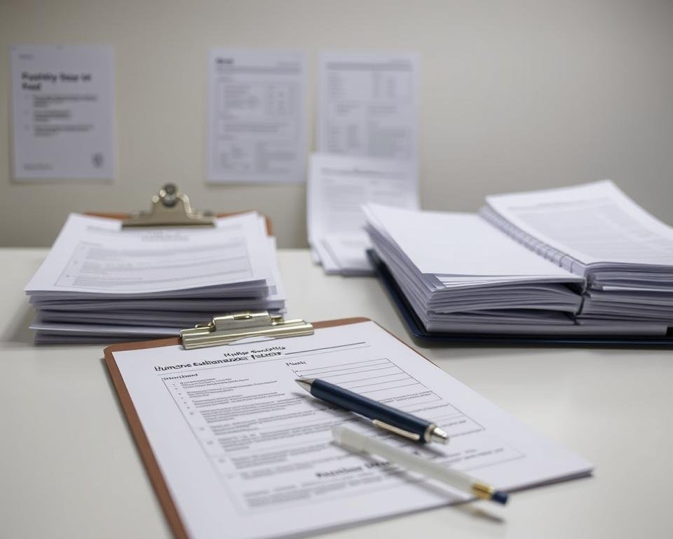 A well-lit, meticulously organized desk displays a collection of poultry euthanasia documentation. In the foreground, a neat stack of forms and checklists outlines the step-by-step procedures for humane euthanasia practices. A clipboard holds detailed records, while a pen waits to document the process. In the middle ground, a clean, sterile workspace conveys a sense of professionalism and attention to detail. The background features a soft, neutral color palette, allowing the essential paperwork to take center stage. Subtle shadows and highlights create depth, emphasizing the importance of thorough record-keeping in ethical poultry euthanasia protocols.
