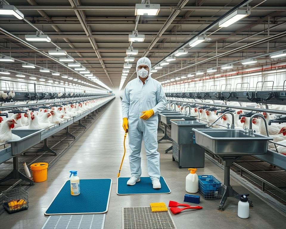 A well-lit poultry farm interior, with a worker dressed in biosecurity gear - white coveralls, boots, gloves, and face mask. In the foreground, disinfection mats and foot baths, chemical sprayers, and brushes. In the middle ground, stainless steel sinks and sanitation supplies. The background shows rows of modern, airy chicken coops with automated feeders and drinkers. The lighting is bright and even, conveying a sense of cleanliness and attention to detail. The overall atmosphere is one of a well-maintained, professional poultry operation focused on health and safety.