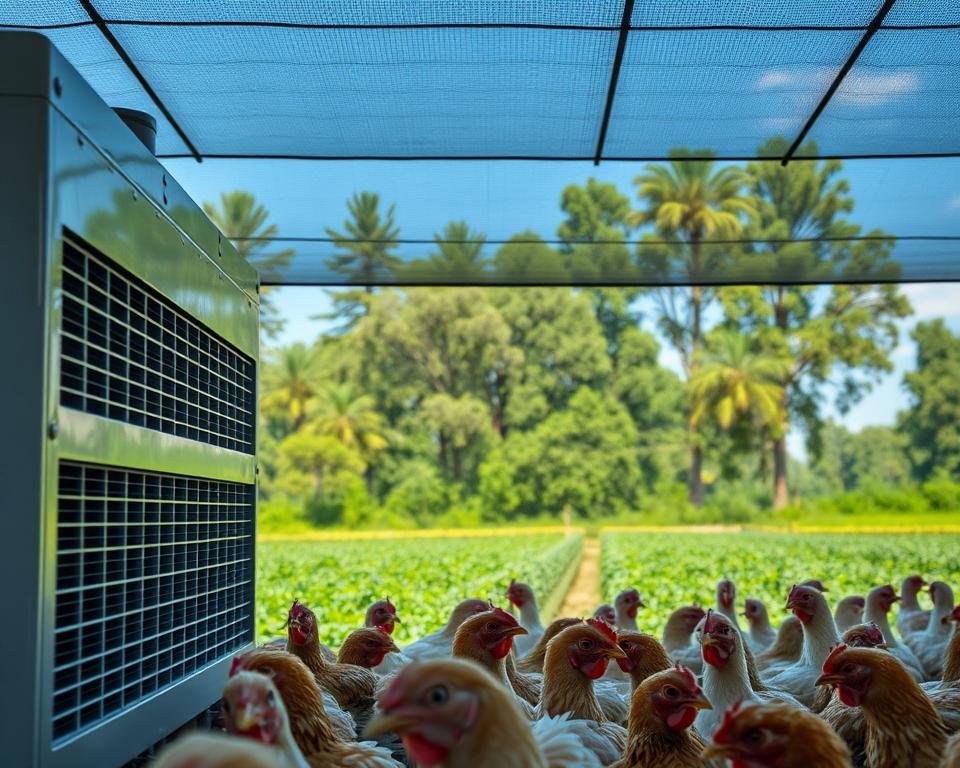 A well-lit poultry farm with a group of birds resting in the shade of a large cooling system. The foreground shows a modern, energy-efficient evaporative cooling unit with water sprinklers misting the air, creating a refreshing microclimate. In the middle ground, several healthy broiler chickens are comfortably relaxing, their feathers glistening with tiny water droplets. The background depicts a verdant, lush landscape with tall trees and a clear blue sky, conveying a sense of tranquility and natural balance. The overall scene exudes an atmosphere of effective heat stress management, where the birds' welfare and productivity are prioritized through the implementation of cutting-edge cooling strategies.