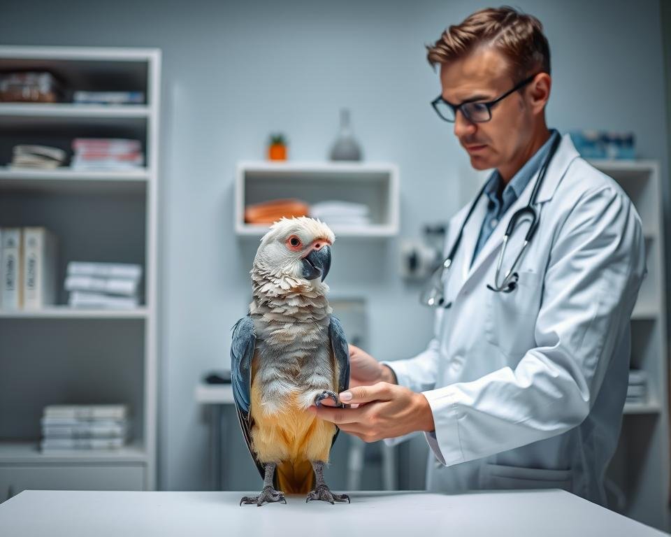 A well-lit veterinary examination room, the focal point a professional examining a parrot perched on a table. The bird's feathers appear ruffled, indicating illness. In the background, shelves display medical equipment and reference materials. The veterinarian, clad in a white lab coat, intently studies the patient, referencing notes and diagnostic tools. Soft, even lighting illuminates the scene, creating a sense of clinical precision. The overall atmosphere conveys the veterinarian's dedication to avian healthcare and the importance of accurate diagnosis in maintaining the well-being of the feathered patient.