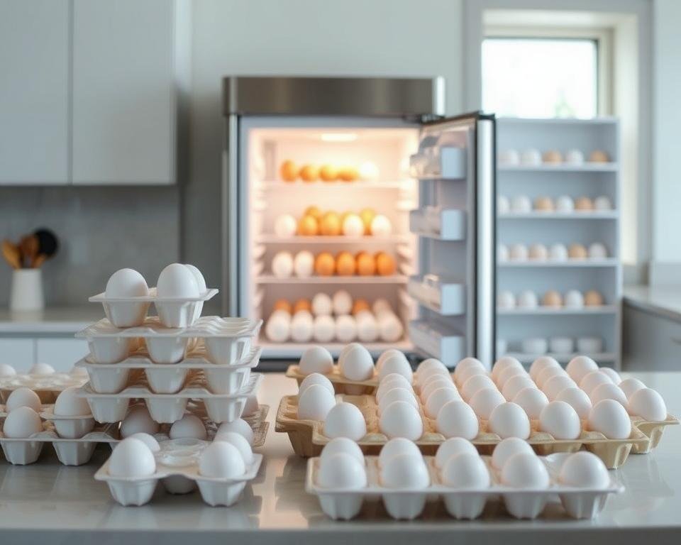 An elegantly arranged kitchen countertop showcasing a variety of egg storage solutions. In the foreground, several clean, white ceramic egg trays and cartons are neatly stacked, their uniform design conveying a sense of order. In the middle ground, a sleek, minimalist refrigerator stands, its interior illuminated to highlight the shelves of carefully organized, freshly-laid eggs. The background features a bright, airy window, letting in natural light that casts a soft, warm glow over the scene. The overall composition exudes a sense of efficiency and attention to detail, perfectly capturing the theme of "Common Egg Storage Mistakes to Avoid".