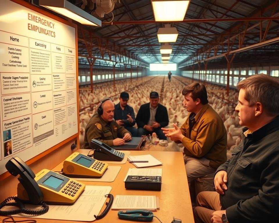 An emergency communication station on a bustling poultry farm. In the foreground, a large bulletin board displays crucial information - emergency contacts, evacuation procedures, and safety protocols. Sturdy phones and radios sit ready to transmit urgent messages. The middle ground features a group of farmers animatedly discussing emergency preparedness, their faces lit by the warm glow of overhead lamps. In the background, rows of coops housing thousands of chickens, bathed in soft, natural lighting filtering through the windows. An atmosphere of organized efficiency and vigilance pervades the scene, underscoring the importance of clear communication in times of crisis on a poultry farm.