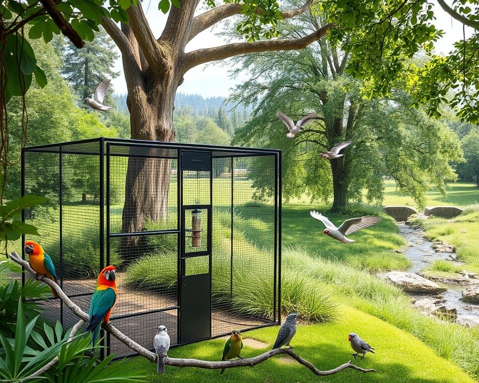 An outdoor aviary surrounded by lush greenery, with a mesh enclosure blending seamlessly into the natural environment. The foreground features a variety of birds, including colorful parrots and songbirds, perched on branches and feeders. The middle ground showcases the aviary's sturdy construction, with a focus on the well-designed entry and predator-proof features. The background depicts a tranquil landscape, with towering trees, a babbling brook, and a clear, sunny sky. The lighting is soft and diffused, creating a serene and inviting atmosphere. The overall composition conveys a sense of safety, comfort, and harmony between the avian inhabitants and their natural surroundings.
