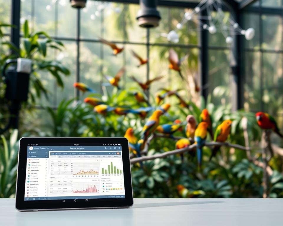 Automated Aviary Record Keeping: A sleek, intuitive dashboard displays bird profiles, feeding schedules, and real-time environmental data. In the foreground, a tablet interface showcases a detailed log of daily observations, while in the middle ground, a flock of colorful birds flutter amongst lush vegetation. Soft, natural lighting filters through the aviary's glass walls, creating a serene atmosphere. The background features advanced sensor arrays and networked devices, seamlessly integrating technology into the avian habitat. This scene embodies the streamlined, data-driven approach to aviary management, empowering caretakers with the tools to optimize bird health and welfare.