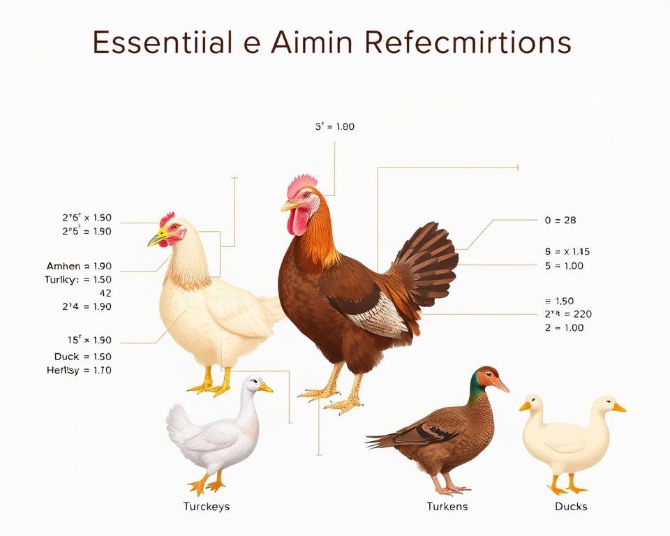 Detailed scientific diagram depicting the essential amino acid requirements for different poultry species, including chickens, turkeys, and ducks. A clean, technical illustration with a white background, showcasing the specific amounts and ratios of amino acids needed for optimal growth and development. The elements are arranged in a clear, structured layout, with precise data visualizations and minimal text annotations. The overall aesthetic is informative and authoritative, conveying the importance of proper amino acid nutrition for avian livestock in an objective, educational manner.