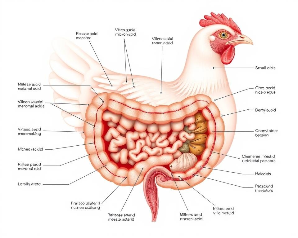 Highly detailed, scientifically accurate cross-section diagram showcasing the digestibility of various amino acids in the digestive system of a poultry bird. Crisp, high-resolution medical illustration with precise anatomical labels and color-coded pathways. Rendered in a clean, technical style with muted tones and soft, even lighting to highlight the internal structures. The focus is on the small intestine, with cutaways revealing the villi and microvilli that facilitate nutrient absorption. Smooth, seamless transitions between the foreground, middle ground, and background elements create a cohesive, educational visual.