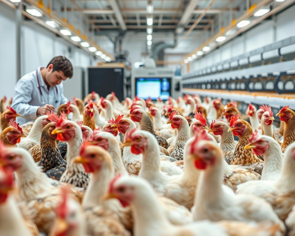 Poultry breeding programs, a technologically-driven innovation showcasing cutting-edge phenotyping and genotyping techniques. In the foreground, researchers meticulously evaluate a diverse flock, employing high-resolution cameras and sensors to capture intricate data on feather patterns, body shape, and gait. The middle ground reveals advanced computerized systems, analyzing this wealth of information to identify superior genetic traits. In the background, state-of-the-art incubation facilities maintain optimal environmental conditions, ensuring the next generation of robust, high-performing birds. Soft, natural lighting illuminates the scene, conveying a sense of scientific progress and precision in service of enhancing poultry productivity.