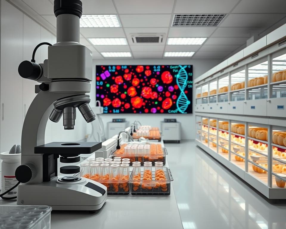 Poultry genetics laboratory: a meticulously detailed interior, bright and sterile. In the foreground, a modern microscope stands ready to analyze intricate avian DNA samples. Surrounding it, trays of test tubes, pipettes, and other precision instruments. In the middle ground, a large digital display showcases vibrant chromosomal patterns and genetic sequences. The background features rows of incubators, maintaining ideal environmental conditions for delicate avian embryos. Soft, even lighting illuminates the scene, creating an atmosphere of scientific inquiry and innovation. The overall tone is one of cutting-edge research, with a sense of the complex challenges involved in unlocking the genetic potential of poultry.