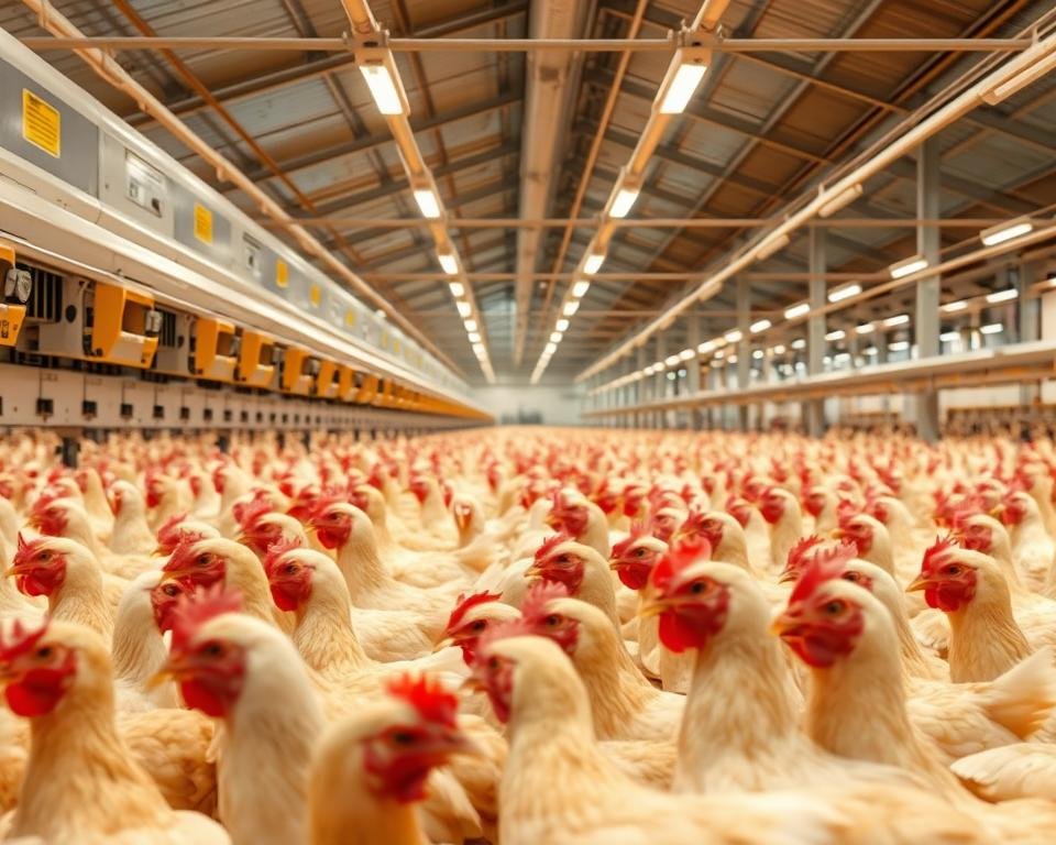 Precision Poultry Feeding: A meticulously designed poultry farm with a state-of-the-art feeding system. In the foreground, birds eagerly approach automated feeding stations, their movements captured in crisp detail by a high-speed camera. The middle ground showcases a flock of thriving chickens, their plumage gleaming under the warm, evenly distributed lighting. In the background, a modern poultry house with precise climate control and monitoring systems, ensuring optimal growing conditions. The scene exudes a sense of efficiency, order, and the harmonious integration of technology and animal husbandry, reflecting the success of the precision poultry feeding approach.